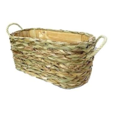 Imagem de Vaso Cachepô Madeira Palha Com Alça Oval Rustico 33x15x15 - Flora Full