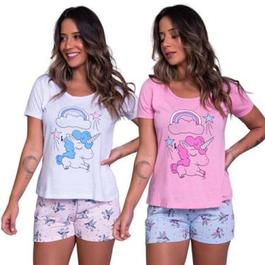 Imagem de Kit 10 Baby Doll Estampado Unicórnio Blusa Gola Redonda Short Curto - 