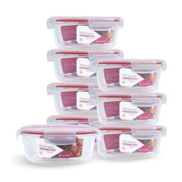 Imagem de Kit 8 Potes Redondo Vidro Hermético Forno Freezer 1300ml - NABOX, Verm