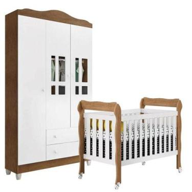 Imagem de Berço Americano Lila E Guarda Roupa Infantil Ariel 3 Portas Branco Ace