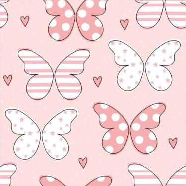 Imagem de Papel de Parede Decorativo Baby Geométrico Borboletas Rosas com Listra