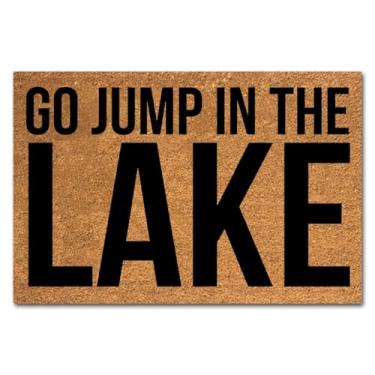Imagem de Capacho engraçado de coco Go Jump in The Lake Tapete de porta da frente para entrada interna e externa com tapetes de boas-vindas para varanda frontal resistente, tapete de entrada natural marrom coco
