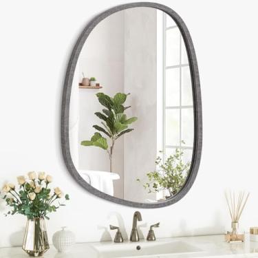 Imagem de Espelho de parede com moldura de madeira irregular - Espelho moderno assimétrico de forma única - Decoração oval artística para quarto, banheiro, sala de estar, entrada, corredor - grande