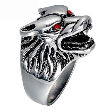 Imagem de HIJONES Anel masculino com cabeça de lobo de aço inoxidável 316l, Aço inoxidável, prata, metal, Zircônia cúbica
