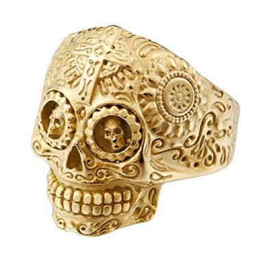 Imagem de INRENG Anel masculino de aço inoxidável prata ouro gótico cruz caveira olho verde flor vintage esculpida Halloween, Metal, Sem pedra preciosa