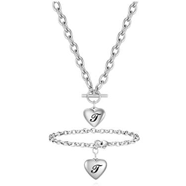 Imagem de VQYSKO Conjunto de pulseira e colar com iniciais de coração de prata - A-Z aço inoxidável com pingente gravado, joia feminina e feminina, presente de aniversário, Aço inoxidável, aço inoxidável