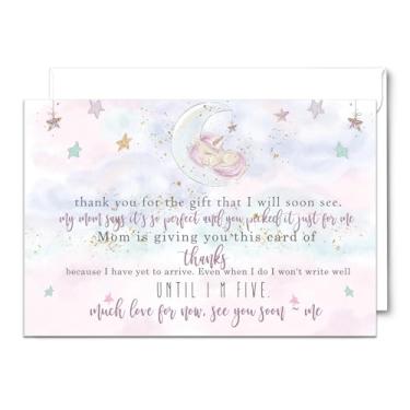 Imagem de Cartões de agradecimento para chá de bebê unicórnio com envelopes (pacote com 25) tema peculiar estrela lua – ouro rosa – conjunto de artigos de papelaria para bebês da Paper Clever Party