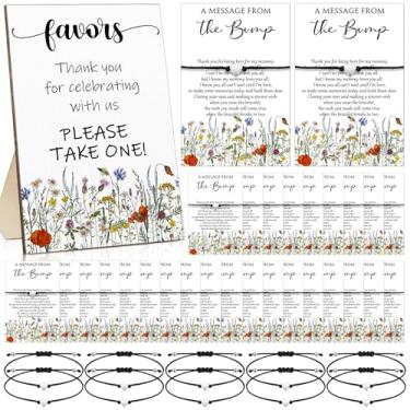 Imagem de Thyle Conjunto de 50 lembrancinhas de jogos de festa de chá de bebê para convidados 50 pulseiras ajustáveis de coração 50 mensagens do bump cartão 1 placa de madeira para chá de bebê decoração para