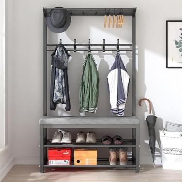 Imagem de Banco de entrada, cabideiro e armazenamento de sapatos, suporte 4 em 1 para banco de sapatos, cabide independente, rústico, moderno, industrial, árvore, com sapateira, almofada de veludo, fácil de