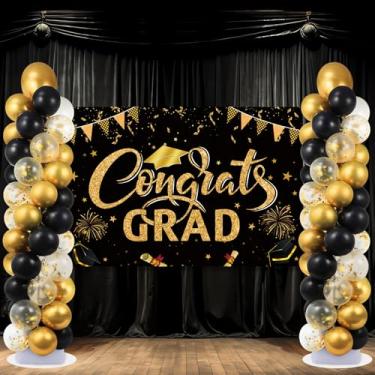 Imagem de 2 Sets Graduation Balloon Column Stand Kit with Congrats Grad Backdrop and 100 Black Gold Balloons Adjustable Balloon Tower Stand with Bases for Floor 2025 School Grad Birthday Party Decor