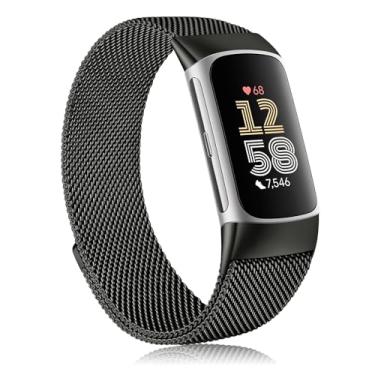 Imagem de Pulseira de metal compatível com Fitbit Charge 6 para mulheres e homens, pulseira de substituição magnética de malha de aço inoxidável para Fitbit Charge 6/Charge 5 Fitness Tracker (preto)