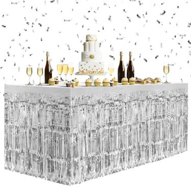 Imagem de Pacote com 2 saias de mesa prateadas, saias de mesa metálicas de 73,66 x 274,32 cm com franjas para mesas retangulares, cortinas de flâmula, pano de fundo, decorações de festa para aniversários,