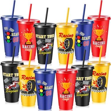 Imagem de Chuangdi Copo de plástico com tampa e canudo com tema de 12 peças, copos reutilizáveis de 680 g, presentes para crianças, homens, mulheres, artigos de festa de aniversário, lembrancinhas (carro de
