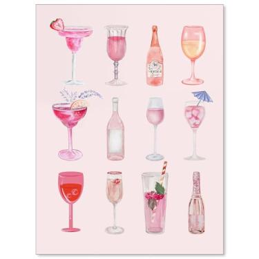 Imagem de Heltrappe Pôster de coquetel rosa moderno Coquette vintage champanhe garrafa de vinho arte de parede impressão em tela aquarela para sala de estar bar carrinho decoração de parede 30,5 x 40,6 cm sem