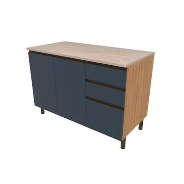 Imagem de Balcão Bartira Cristal em MDP com 2 Portas e 3 Gavetas, 120,1cm de largura - Lâmina de Mel/Azul Royal