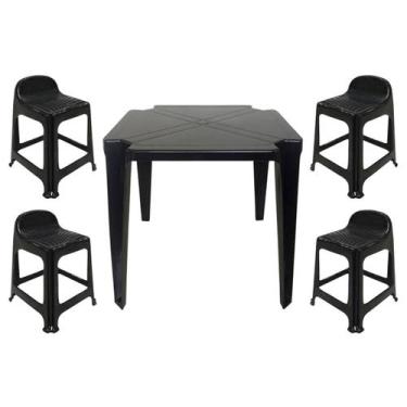 Imagem de Mesa Quadrada Plástico Monobloco 70cm Preta + 4 Banquetas Com Encosto 