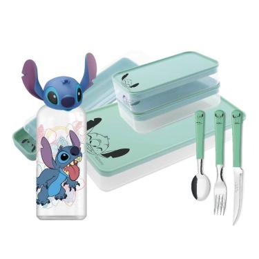 Imagem de Conjunto Para Lancheira Infantil Stitch Disney 8 Peças Estojo, Potes, Talheres e Garrafa 3D