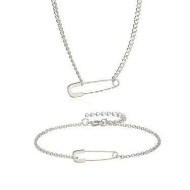 Imagem de Conjunto de colar de alfinete de segurança para mulheres com clipe de papel de cristal dourado com pingente de alfinete de segurança prata corrente pulseira joias presentes, 1.0*3.0cm, Zinco, Sem