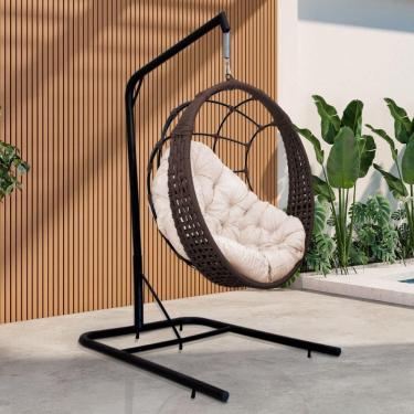 Imagem de Cadeira Balanço Ninho Suspenso Em Corda Náutica Luxo Com Suporte Marrom-branco