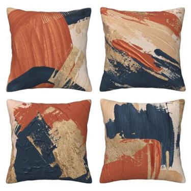 Imagem de Bshuey Capas de travesseiro 45,7 x 45,7 cm Conjunto de 4 capas de almofada abstratas azul escuro terracota dourado laranja decoração de casa de fazenda para sofá sofá