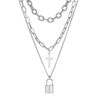 Imagem de ONLYJUMP Colares femininos empilhados com cadeado preto, corrente de coração, grunge, em camadas, grosso, elegante, minimalista, joia com pingente, Large, Zinco, Sem Pedra Preciosa