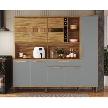 Imagem de Cozinha Compacta 222cm com 8 Portas 1 Gaveta e Mini Adega 100% Mdf Suécia Espresso Móveis Amêndoa/Cinza
