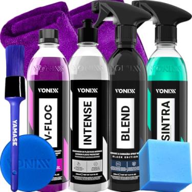 Imagem de Produto para Limpeza Automotiva Shampoo V-floc APC Sintra Fast Revitalizador de Plasticos Cera Liquida Blend Black + 2 Panos 40x40 Microfibra Aplicador Pincel