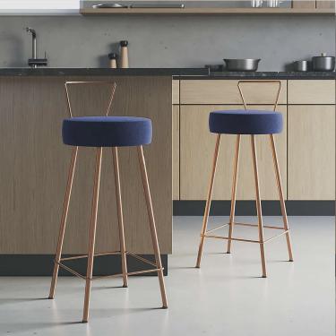 Imagem de Kit 02 Banqueta Alta Com Encosto Tais Eiffel Cozinha Bar Bistrô Ferro Bronze Corino Azul Marinho - Ahazzo Móveis