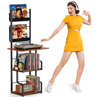 Imagem de TJ.MOREE Suporte para toca-discos com armazenamento de vinil, mesa alta para toca-discos com suporte para toca-discos e suporte para discos, prateleira de exibição de vinil de até 210 álbuns,