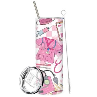 Imagem de FYSUIMU 1 copo de enfermeira com tampa de canudo de aço inoxidável rosa de 590 ml, copo de café para viagem, para enfermeiras, médicos, lembrancinhas de festa