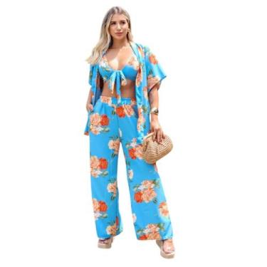 Imagem de Conjunto Feminino Kimono Calça Pantalona Top Saída De Praia - Multimaf