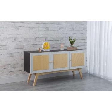 Imagem de Balcão Buffet Para Sala De Jantar Mdf Preto Pés Taeda 3 Portas Brancas