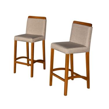 Imagem de Kit 2 Banquetas Dubai Premium Alta Bar Luxo Área De Lazer Decorativa Gourmet Balcão Pés Em Madeira Maciça Sacada Hall Elegante Resistente Moderna Assento E Encosto Estofado Conforto (Bege)