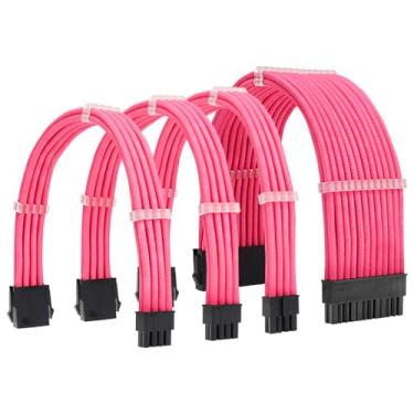 Imagem de VovoZanium Kit de cabos de extensão de fonte de alimentação ATX PSU 18AWG 30 cm ATX 24 pinos, EPS 4 + 4 pinos, PCI-E 6 + 2 pinos vêm com pentes para PSU para placa-mãe/GPU (rosa)