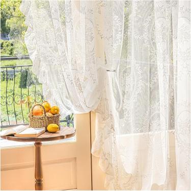 Imagem de Cortina De Renda Rococó Para Quarto Sala De Estar, Drapeado Bordado Floral Vintage Freh, Painel De Tule Transparente Com Borda De Babado De Vieira, White, W300xH250cm/118x98in