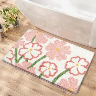Imagem de Tapete de banheiro floral super absorvente fofo tapete antiderrapante lavável na máquina tapete de banheira macio para sala de jantar, quarto e porta de entrada (78,7 cm x 50,8 cm, flores rosa)