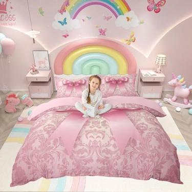 Imagem de Erosebridal Conjunto de edredom casal, damasco rosa, sonhador, feminino, com laço e laço para meninas, vintage, antigo, vitoriano, conjunto de edredom para cama com gravata borboleta, microfibra macia