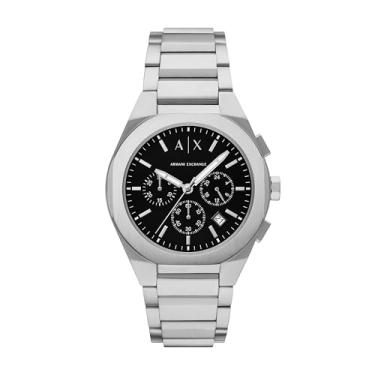Imagem de Armani Exchange Relógio masculino com cronógrafo A|X; relógio masculino com pulseira de couro, aço inoxidável ou silicone, Prata/preto, Sincronização