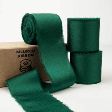 Imagem de Fita de cetim de seda verde 3,5 x 20,5 m, tecido de chiffon desfiado feito à mão, fita verde floresta para embrulho de presente, buquê de flores, convite de casamento, chá de bebê, chá de panela