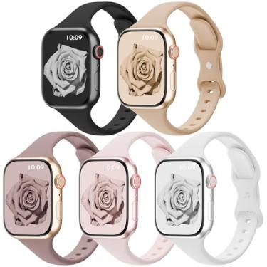 Imagem de Pacote com 5 pulseiras finas de silicone compatíveis com Apple Watch Ultra 3 2 e 1 séries 11/10/9/8/7/SE/6/5/4 de 38 mm, 42 mm, 40 mm, 44 mm, 41 mm, 45 mm, 46 mm e 49 mm, para iWatch Ultra 3 2 1