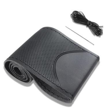 Imagem de Capa de volante de couro com cadarço, costura no envoltório, ajuste universal 38.1 cm carro caminhão SUV barco, ponto DIY com linha de agulha (preto 2)