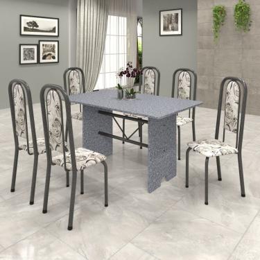 Imagem de Conjunto De Mesa 140X75Cm Tampo Granito Com 6 Cadeiras Lavínea Soma Móveis Martelado Prata/Ocre/Arabesco