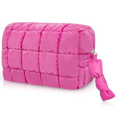 Imagem de Bolsa de cosméticos acolchoada, bolsa de maquiagem inchada, bolsas de cosméticos quadriculadas com divisória, bolsa de higiene de viagem à prova d'água para mulheres essenciais de viagem (rosa
