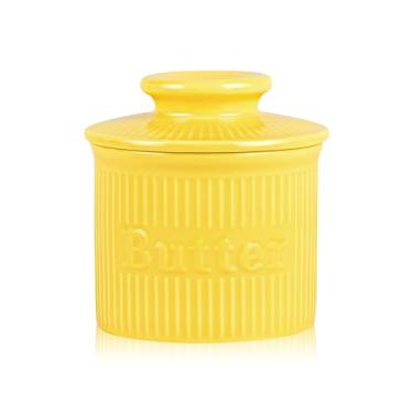 Imagem de Ursword Porta-Manteiga Francês Amarelo Com Linha D'Água Para Mesa E Centro De Mesa, Pote Porcelana, Listrado Por Fora