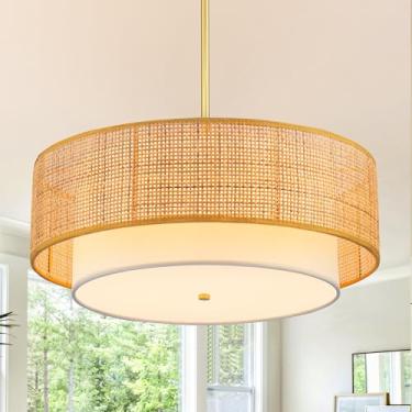 Imagem de SineRise Lustre De Vime 18'', Luminária Pendente Grande Estilo Boho Com 3 Luzes, Lustres Tecidos À Mão Para Sala Jantar Cúpula Tecido, Luminárias Suspensas Cozinha E Corredor