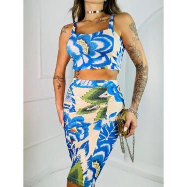 Imagem de Conjuntinho Feminino Saia Midi Verão - NoBrand, Flor azul, Tamanho Uni