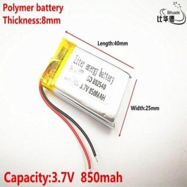 Imagem de 1 Unidade 802540 3,7v C/ 2 Fios 850mah 8mm X 25mm X 40mm - bgb