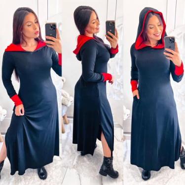 Imagem de Vestido Bicolor Com Capuz - nascimentomodas2020, Preto com vermelho, P