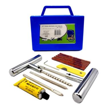 Imagem de Kit de Reparo de Pneus, 12 Peças, Maleta Azul com Macarrão, Chaves, Agulhas e Cola para Conserto de carros e motos