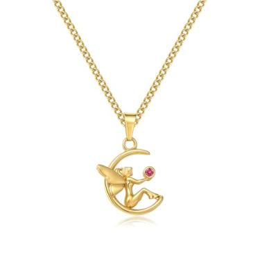 Imagem de YIKOXI Colar de pedra de nascimento delicado banhado a ouro 14K para mulheres | Menina elfa na lua crescente | Presentes de aniversário de mães para mulheres e filhas, Adjustable, Banhado a ouro 14k